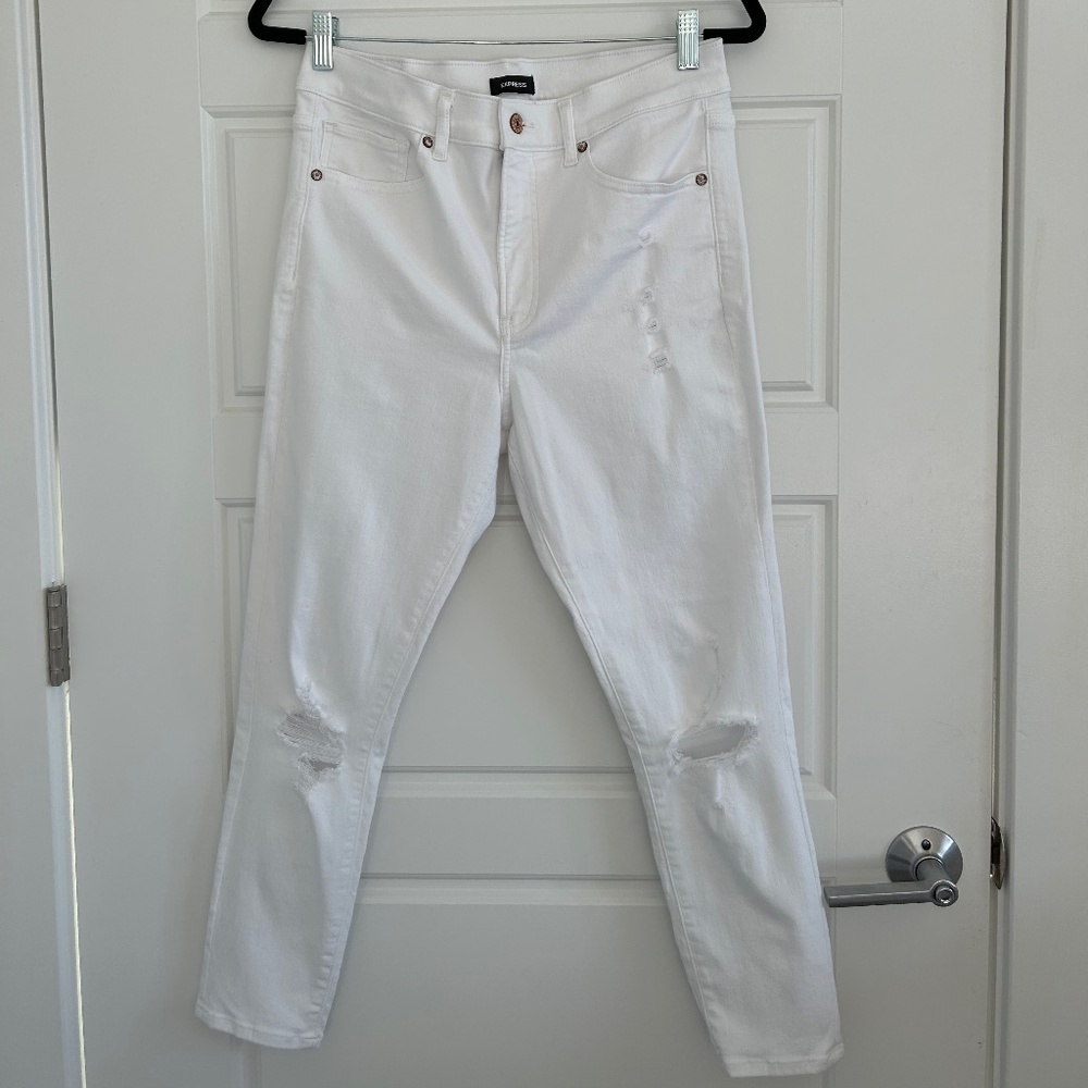 Express High Waisted White Ripped Skinny Jeans
